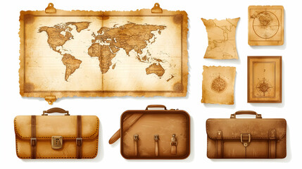 Naklejka premium Vintage travel set with old suitcases and world maps.