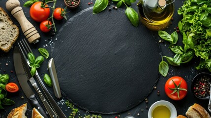 Black stone plate on a dark gray background with various food ingredients and kitchen