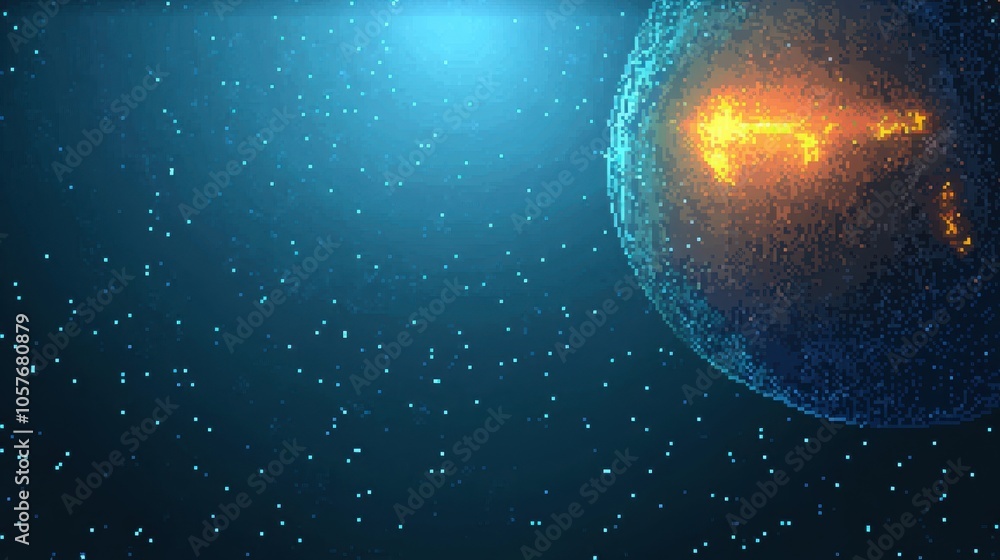 Poster digital planet with glowing particles in space