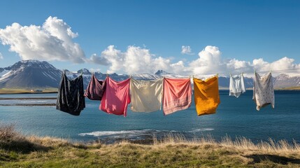 Clothes drying on a line, backed by the majestic views of Skagafjordur fjord, creating a blend of nature and daily life.