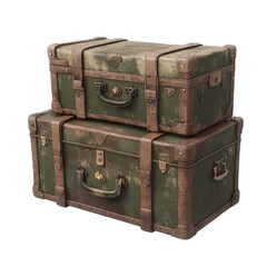 Two old military trunks stacked on top of each other, transparent background, PNG