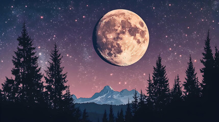 Naklejka premium A large, bright moon hangs over a mountain range and a forest of pine trees at night.