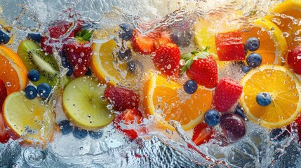 A vibrant explosion of fresh fruit and splashing water