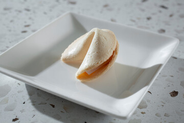 A view of a fortune cookie on a small plate.