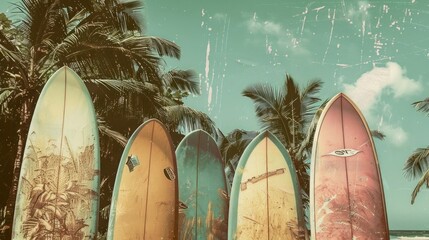 A vintage-style photo of surfboards leaning against palm trees on the beach
