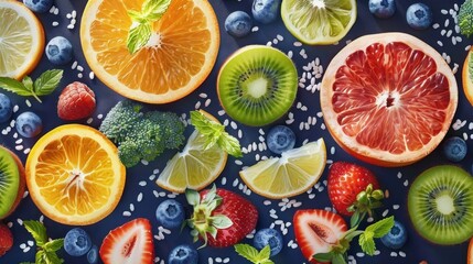 A vibrant mix of fruits and vegetables, on top of a navy background with scattered white rice grains