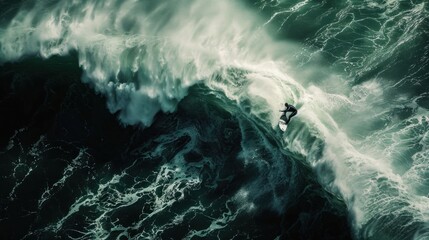 A surfer riding an enormous wave, the water is dark green and white