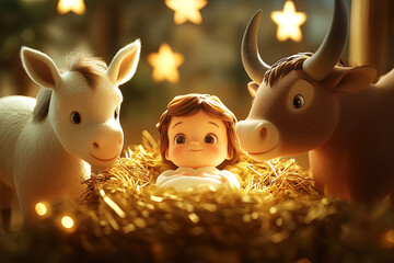 3d cartoon of baby Jesus lying in a cradle made of hay next to the mule and the ox in a manger.