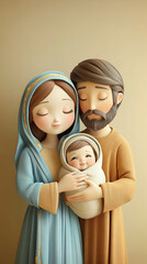 Minimalistic 3d cartoon image of Virgin Mary and St. Joseph with baby Jesus in arms.