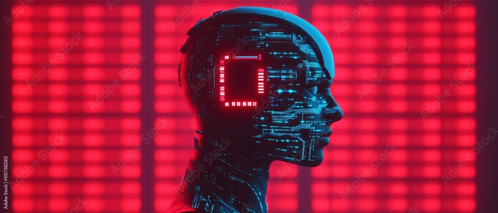 Poster futuristic robot head with digital circuitry and red background, side view.