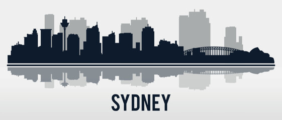 Fototapeta premium Silhouette of Sydney city skyline with reflection in the water. Vector on gray background