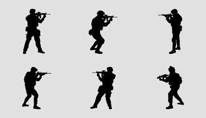 Soldiers with weapons, six black silhouettes. Vector on gray background