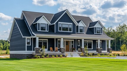 Obraz premium A large house with a blue roof and white trim