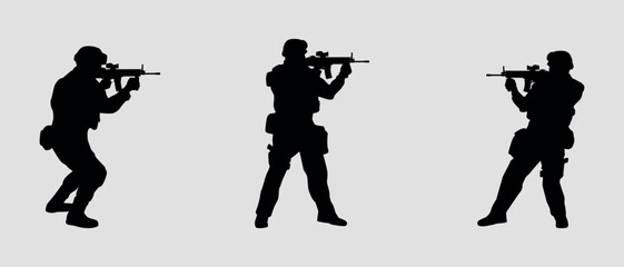 Obraz premium Soldiers with weapons, three black silhouettes. Vector on gray background