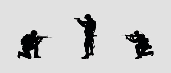 Soldiers with weapons, three black silhouettes. Vector on gray background
