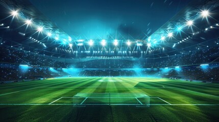 A large soccer stadium at night, illuminated by bright lights and filled with cheering fans.