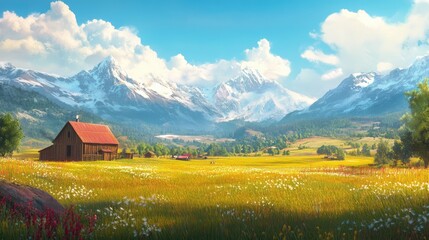 Expansive grassland farm with snow-capped mountains in the distance, showcasing peaceful and natural beauty. -