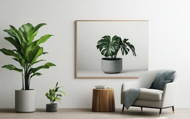 A high-quality photograph of a potted monstera plant elegantly displayed on a wooden stool, set against a minimalistic white background. 