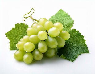 Obraz premium Isolated green grape bunch with leaves, shot on white, highlighting freshness and appeal for food and beverage advertisements
