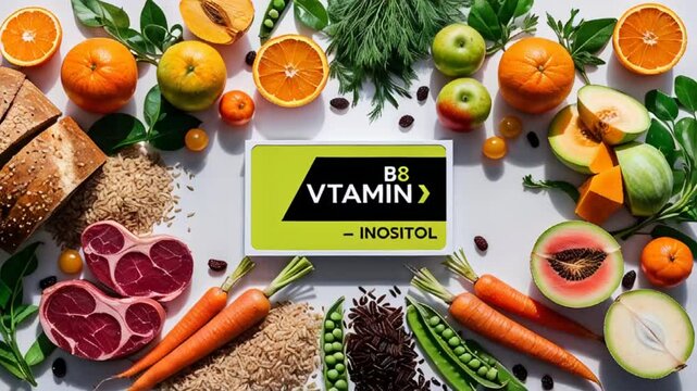 Various fresh food vegetables, fruits, with the sign inscription vitamin B8 Inositol