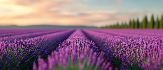 Fototapeta premium Lavender fields stretching out to the distant horizon under a soft hazy evening sky in shades of violet and indigo This serene pastoral landscape creates a sense of tranquility and escapism