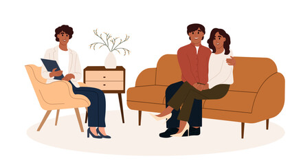 Psychologist listening couple to at mental therapy session. A young happy couple undergoing psychotherapy with a psychologist. The couple renews their marriage. Vector illustration in flat style