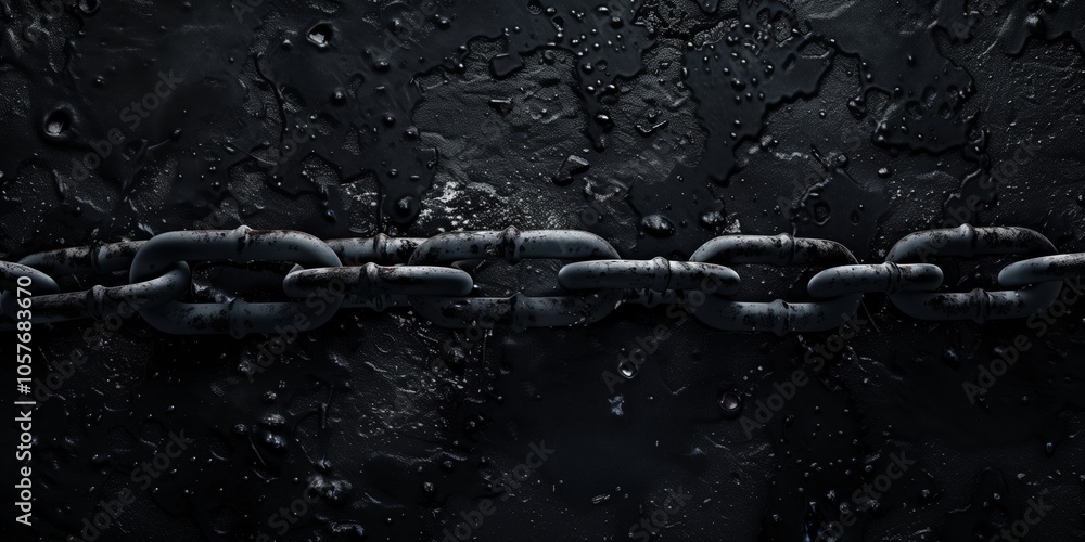 Poster abstract background with chains and dark textured background in black and grey tones, deep space eff