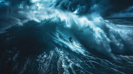 A surfer riding a huge wave in islands, shown in a wide shot with a wide lens