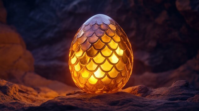 A glowing, scaled dragon egg rests on a textured surface, emanating warmth and intrigue in a dimly lit environment.