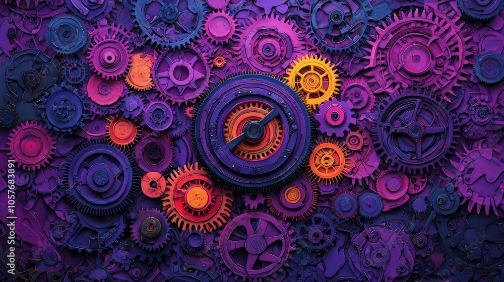Poster intricate gears and cogs in vibrant colors a visual symphony of mechanisms