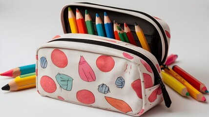 "Pencil case with school supplies, pencils and erasers, isolated on white background."

