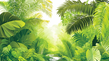 Lush green jungle with a stream flowing through it, sunlight filtering through the canopy.
