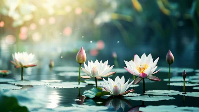 White water lilies bloom on a calm pond under the morning sun