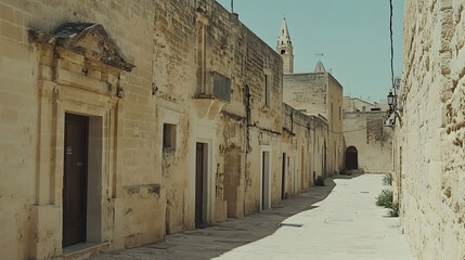 Narrow cobblestone street lined with historic stone buildings in a sunny European town.