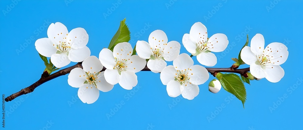 Poster soft focus on delicate pink cherry blossoms blooming on tree branches against a clear blue spring sk