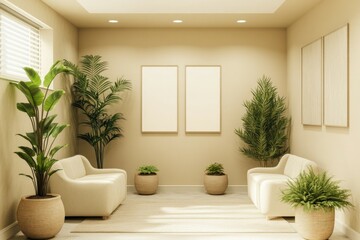 mockup, wide horizontal portrait frame in living room beige background