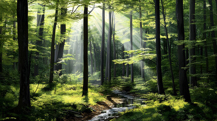 Naklejka premium Sunbeams illuminate a lush green forest path with a small stream.