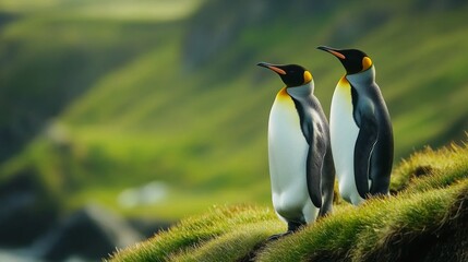 Fototapeta premium Two king penguins standing on grassy hillside with blurred green background