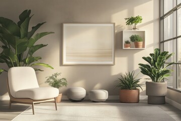 Fototapeta premium mockup, wide horizontal portrait frame in living room beige background