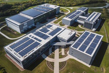 An aerial photo of a large-scale data center with solar panels on the roof, surrounded by greenery.