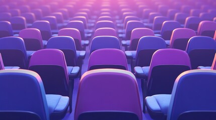 Naklejka premium Empty rows of purple and blue seats in an auditorium, lit by a soft, pink glow.