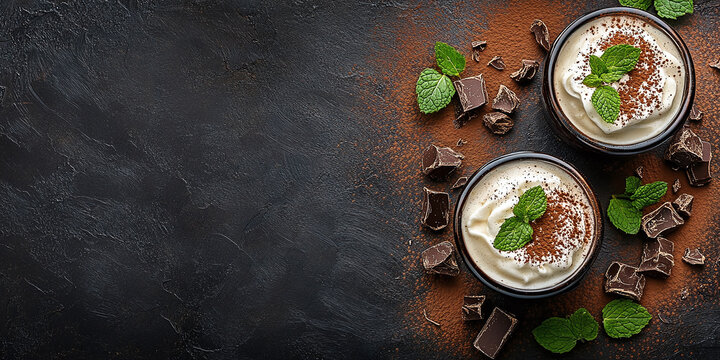 Elegant creamy dessert garnished with cocoa powder and fresh mint leaves, beautifully presented against a dark, textured background for a sophisticated look.