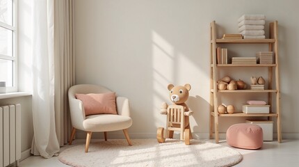 Montessori-inspired corner with wooden shelves, natural toys, and pastel cozy rug with copy space