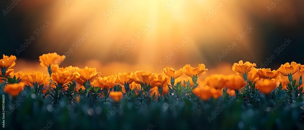 Poster warm golden sunlight filtering through a lush vibrant field of blooming marigolds creating a serene 
