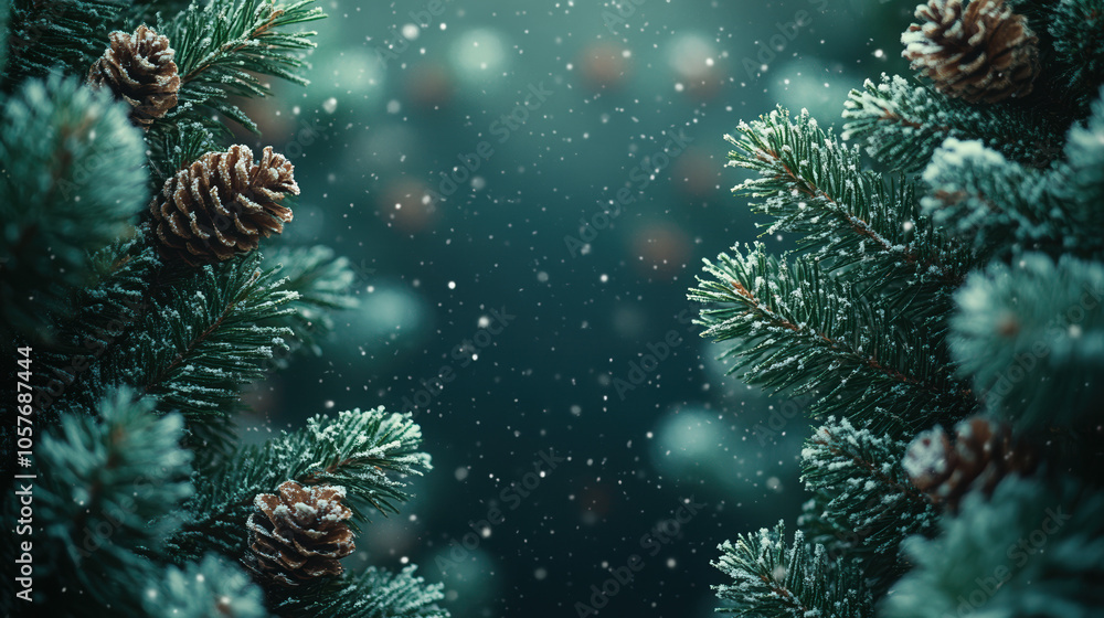 Poster pine branches and snowflakes on a dark background, creating a tranquil and festive winter atmosphere