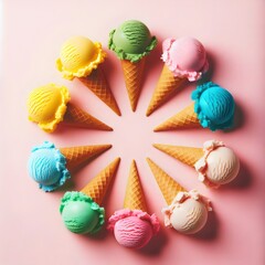 A circle of colorful ice cream cones arranged in a radial pattern, a vibrant and playful scene.