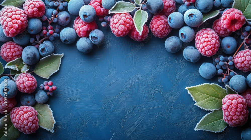 Poster a colorful arrangement of blueberries and raspberries with green leaves on a dark background, creati