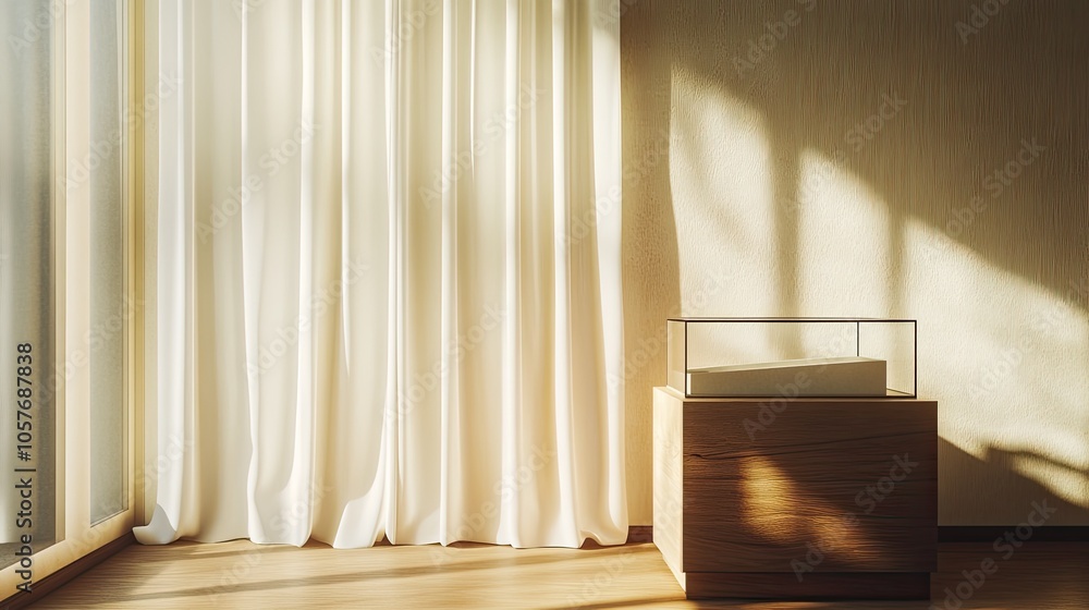 Poster minimalist pedestal with a display case, bathed in sunlight. light curtains as backdrop create a cle