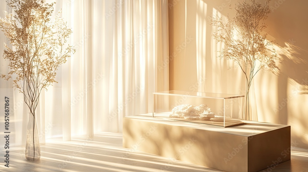 Poster minimalist pedestal with a display case, bathed in sunlight. light curtains as backdrop create a cle