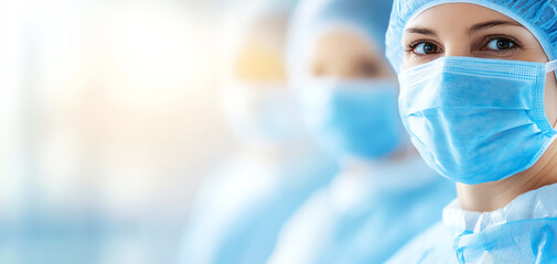 Close-up of healthcare professional wearing blue surgical mask and cap, conveying sense of safety and cleanliness in medical environment.